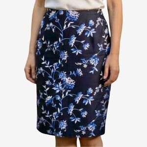 Talbots Silk Navy Skirt with Embroidered Blue & White Floral Patten Size 10P